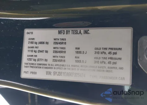 2019 Tesla Model 3 Long Range/Mid Range/Standard Range/Standard Range Plus from USA, damaged, VIN 5YJ3E1EA6KF325424